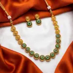 Antique Gold & Green Stone Circular Motif Necklace Set with Stud Earrings