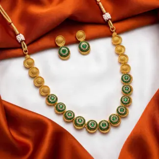 Antique Gold & Green Stone Circular Motif Necklace Set with Stud Earrings
