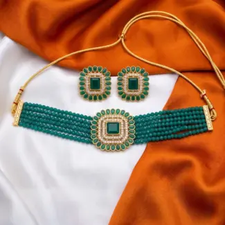 Green with Gold Finish Choker Set with Earrings