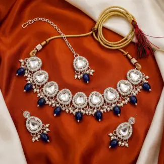 Kundan Trendy Blue Beads Necklace set with Tikka