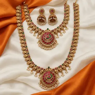 Premium Matte Finish  Jewelry Set – Short Necklace, Long Haram & Earrings
