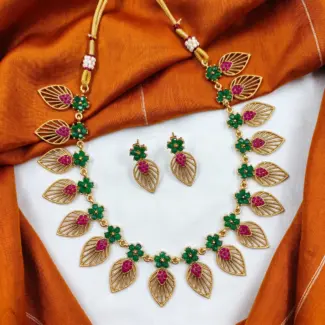Leaf Design Necklace Set with Green & Red Stones