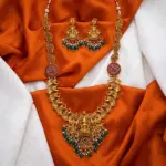 Antique Matte Finish Goddess Lakshmi Temple Haram Set with Kemp stones
