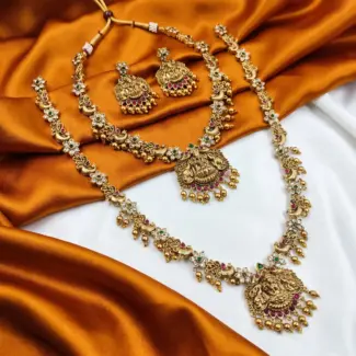Goddess Lakshmi Temple Jewellery Set: Short & Long Necklace Combo