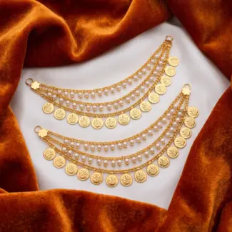 White beads and Gold Coin Earchain