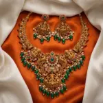Premium Quality Matte Antique Temple Jewellery Set with Kemp Stones & Green Bead Drops