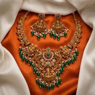 Premium Quality Matte Antique Temple Jewellery Set with Kemp Stones & Green Bead Drops