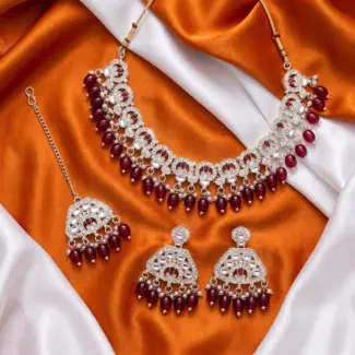 Royal Maroon Kundan & Pearl Choker Set with Maang Tikka