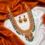 South Indian Bridal Antique Long Haram Set with Green Beads & Goddess Lakshmi Motif