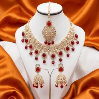 Kundan Red Necklace set With Stone Jhumka and Tikka for Bride