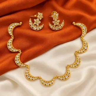 Gold-Tone White Stone Crescent Moon Necklace & Earrings Set
