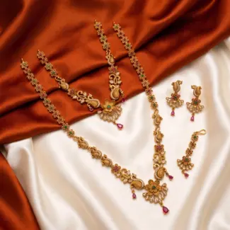 Premium Quality Matte Gold-Plated Delicate Peacock Floral Neckpiece & Earrings Set – Minimalist Temple Jeweller