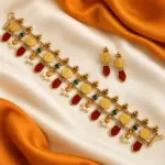 Antique Gold Tone Coin Necklace Set with Red Drop Accents