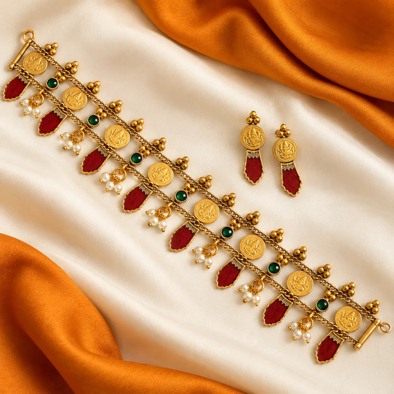 a_close_up_still_life_product_photo_on_fabric_an.png Antique Gold Tone Coin Necklace Set with Red Drop Accents