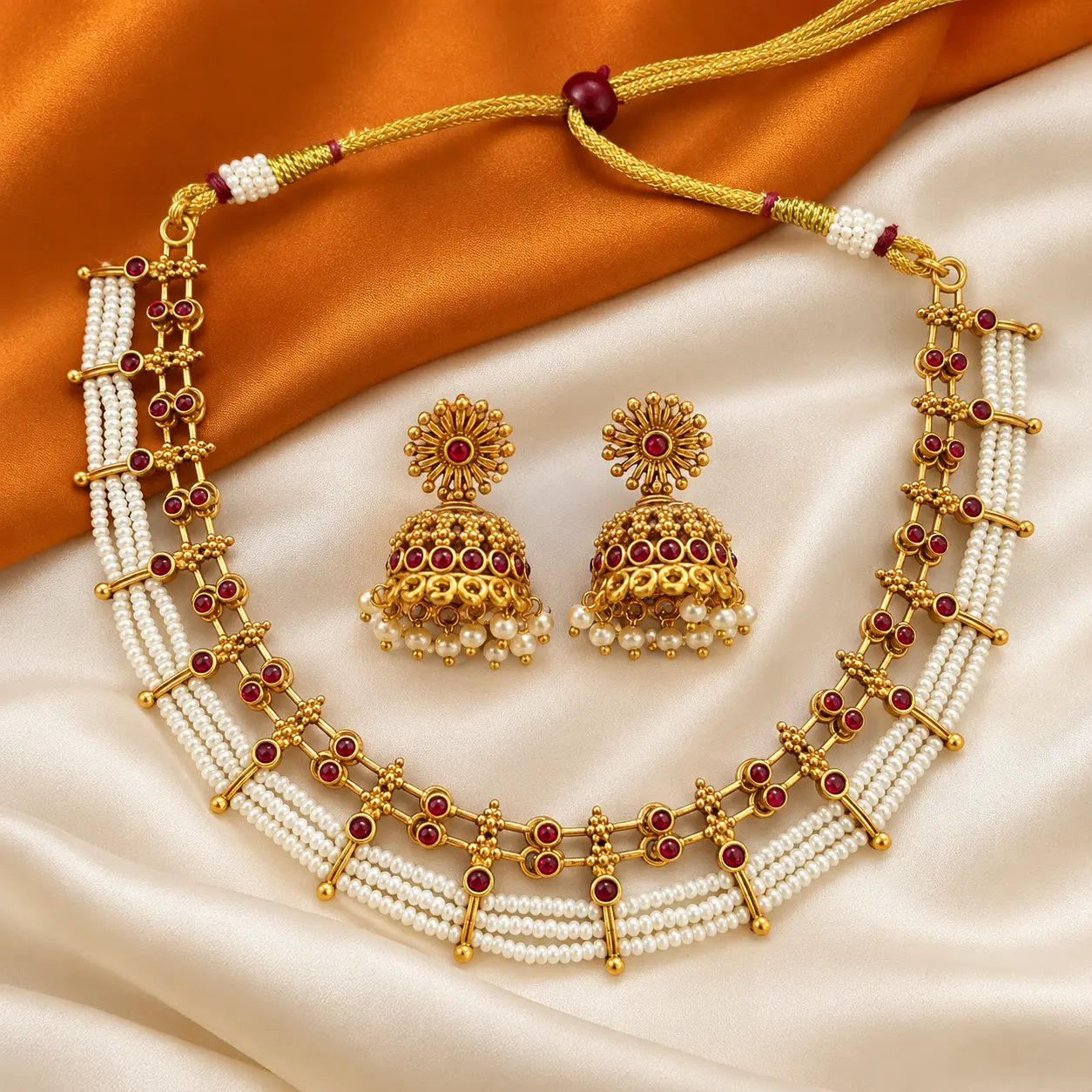 White Bead & Red Stone Gold-Tone Jhumka Necklace Set