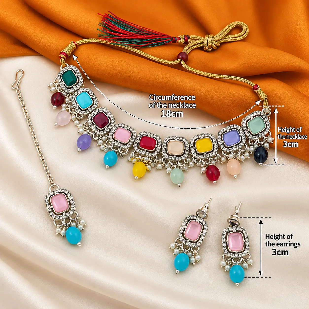 Multicolor Kundan Necklace with Drop Earrings and Maang Tikka - Image 3