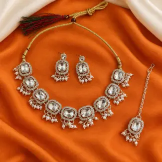 Silver-Tone Mirror Stone Necklace Set with Earrings & Maang Tikka