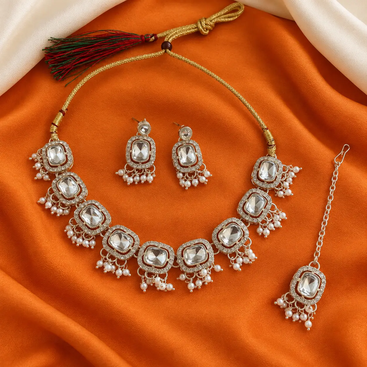 a_close_up_product_still_life_on_fabric_an_elegan.png Silver-Tone Mirror Stone Necklace Set with Earrings & Maang Tikka
