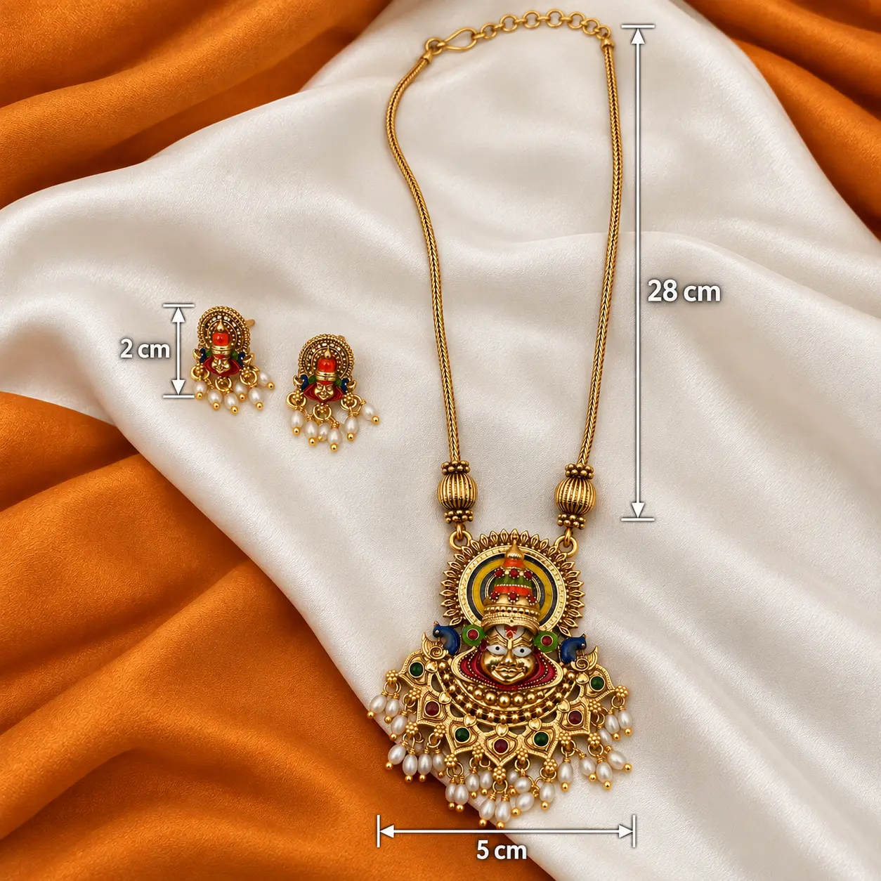 Kathakali Dance Inspired Antique Gold Long Necklace Set – image 3