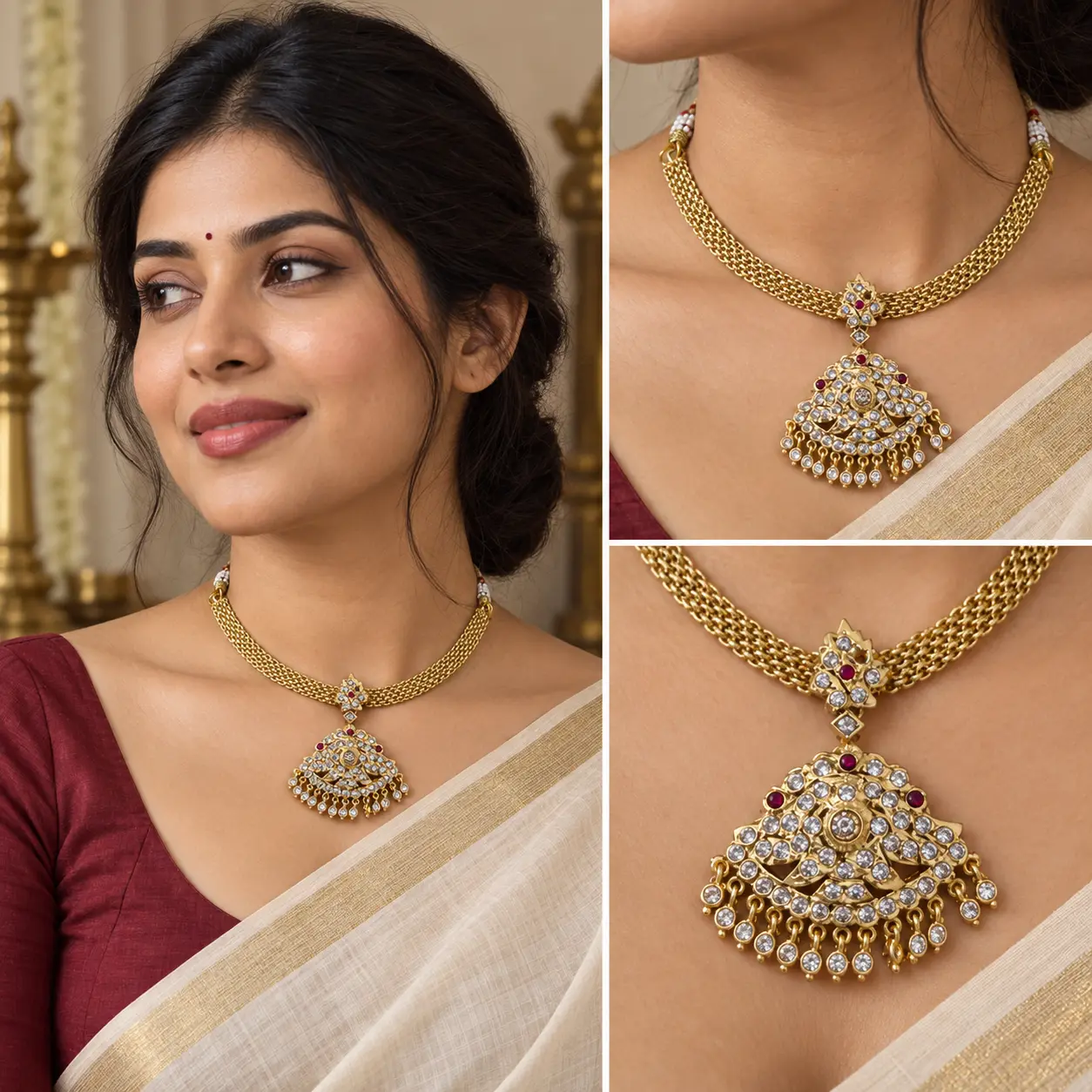 elegant_gold_choker_jewellery_portrait.png Vintage Impon Attigai Necklace with Stone Pendant – image 2