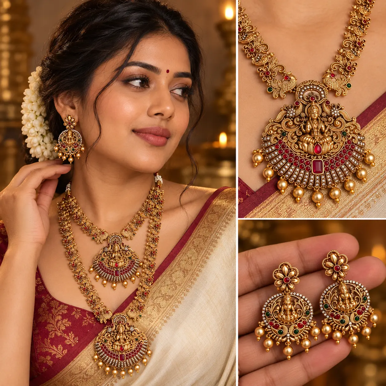a_high_quality_studio_lit_collage_portrait_image.png Antique Temple Double Necklace Set with Earrings – image 2