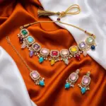 Multicolor Kundan Necklace with Drop Earrings and Maang Tikka