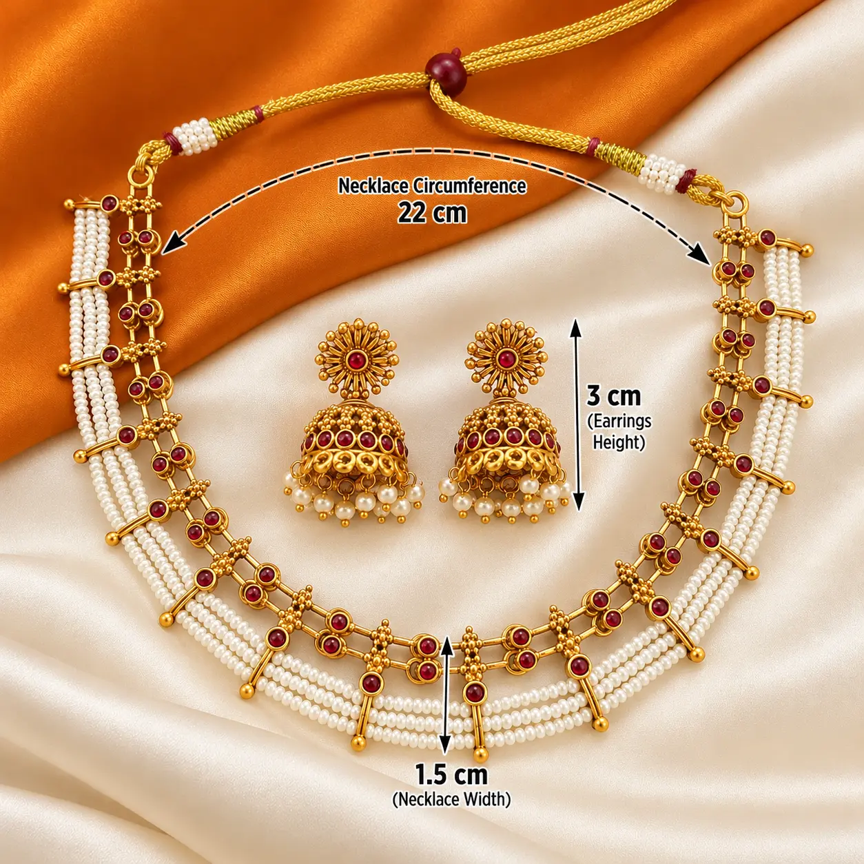 White Bead & Red Stone Gold-Tone Jhumka Necklace Set – image 3