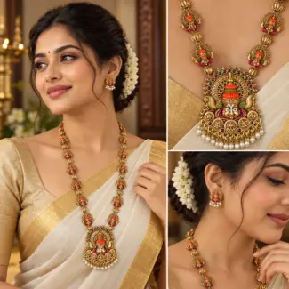 Kathakali Dance Inspired Antique Temple Long Haram Necklace Set – image 2