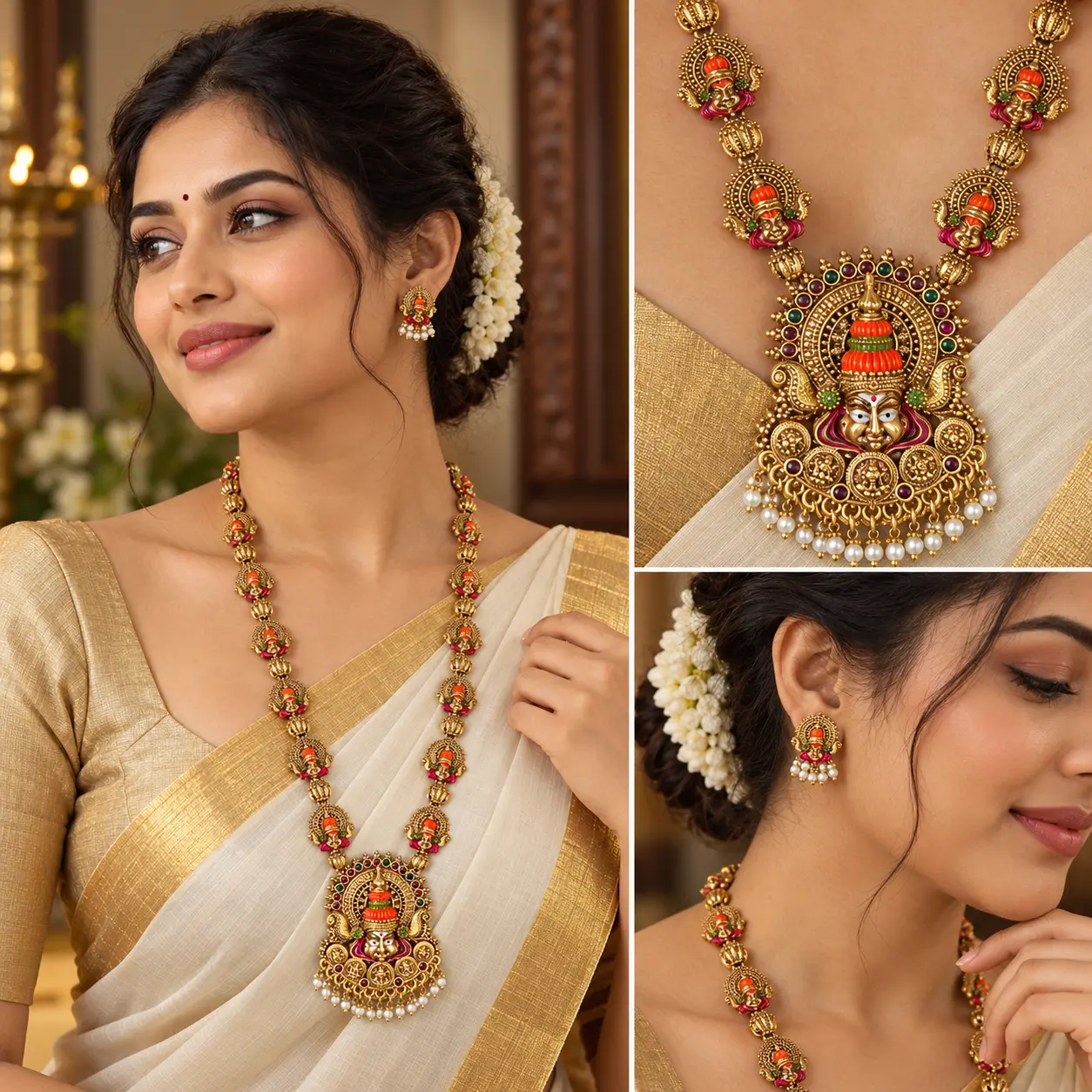traditional_bridal_jewellery_portrait_collage.png Kathakali Dance Inspired Antique Temple Long Haram Necklace Set – image 2