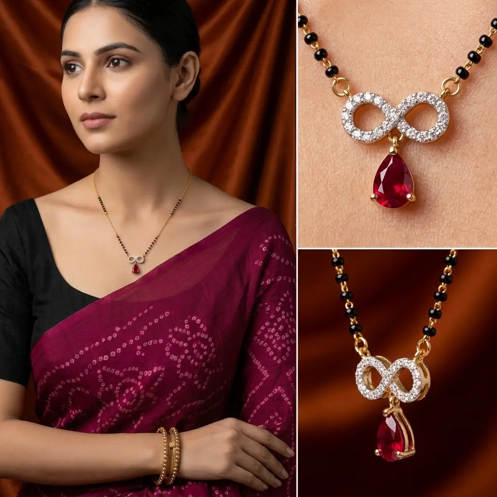 Crystal Finish AD Stone Infinity Mangalsutra with Ruby Red Pear Drop Charm - Image 2