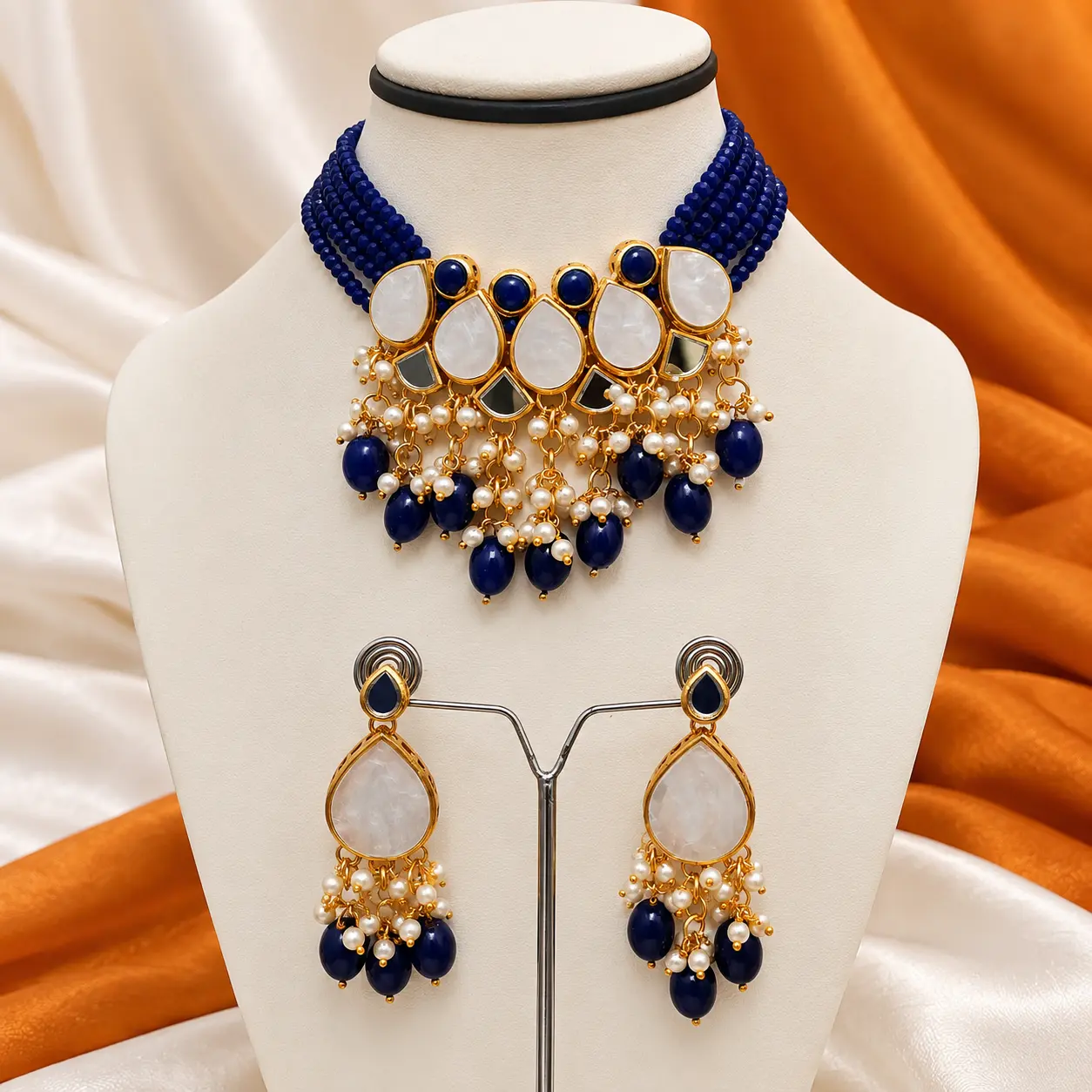 Navy Blue & Ivory Teardrop Beaded Choker Necklace Set