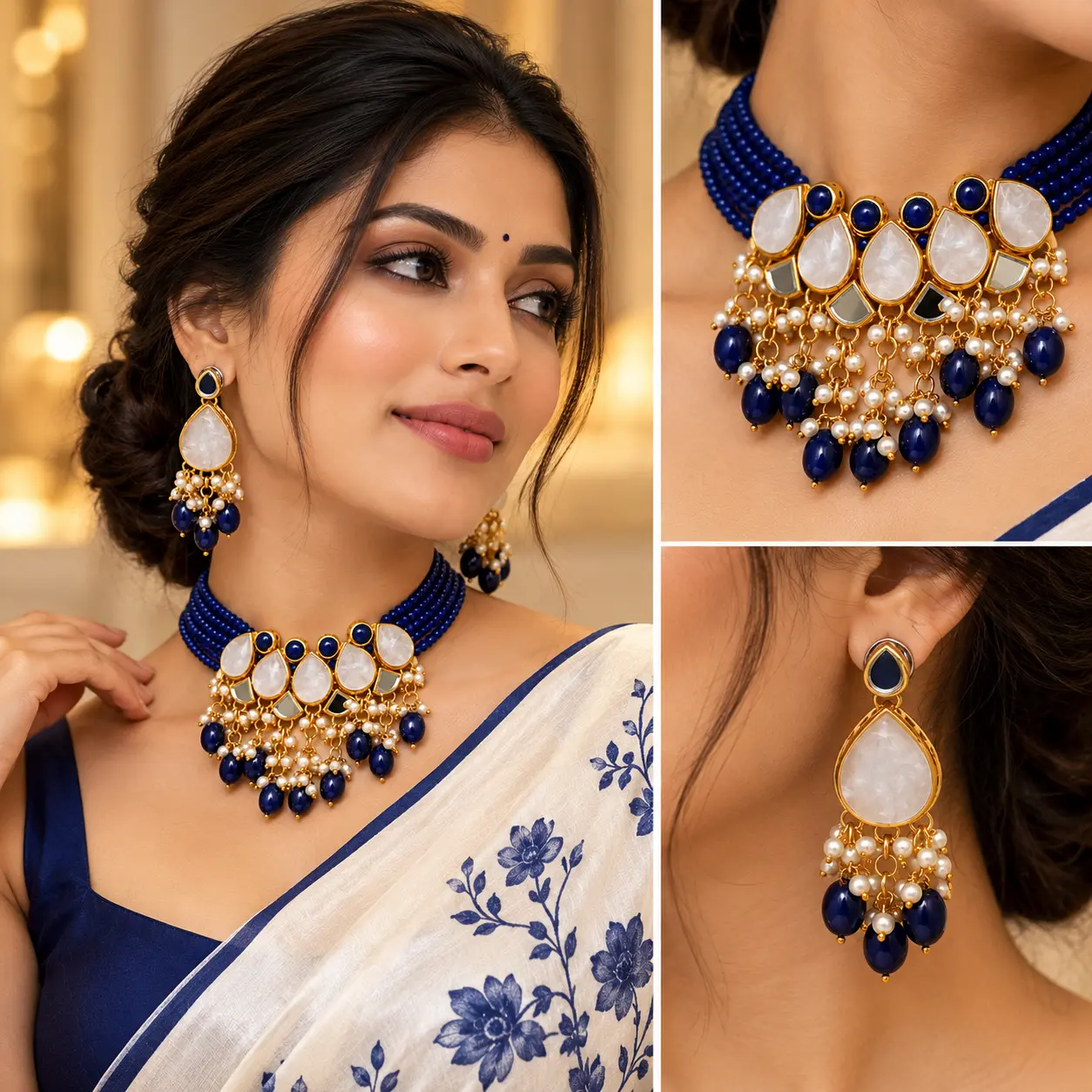 Navy Blue & Ivory Teardrop Beaded Choker Necklace Set - Image 2