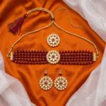 Maroon beads choker set with Earrings and Maang tikka