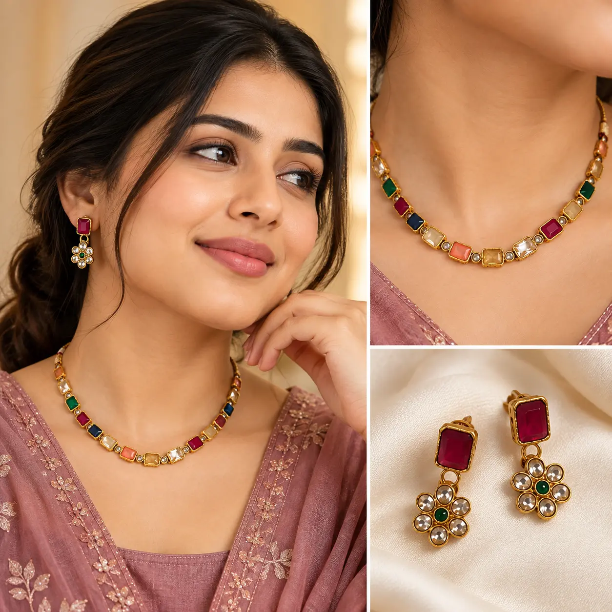 a_clean_elegant_studio_style_collage_image_with.png Multicolour Stone Necklace Set with Floral Drop Earrings – image 2