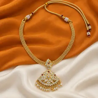 Vintage Impon Attigai Necklace with Stone Pendant