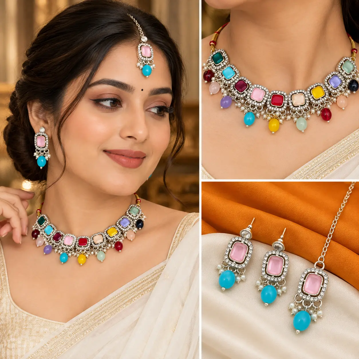 Multicolor Kundan Necklace with Drop Earrings and Maang Tikka - Image 2