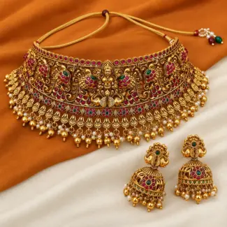 Antique Temple Attigai Choker Set with Jhumka Earrings