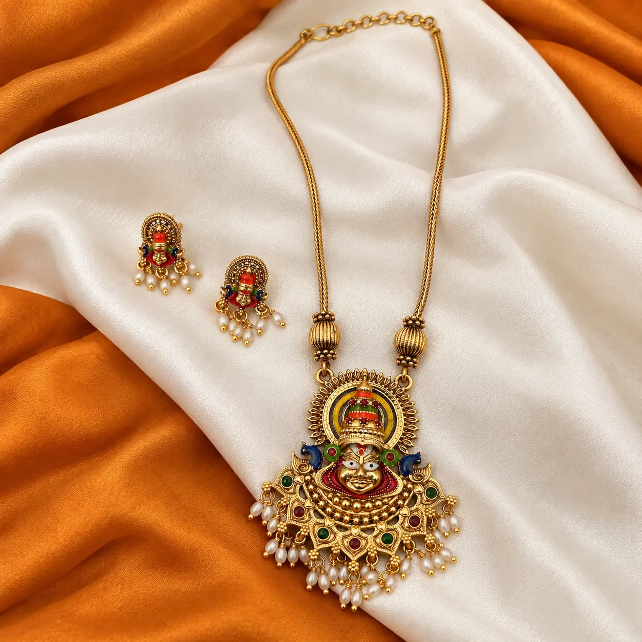 Kathakali Dance Inspired Antique Gold Long Necklace Set