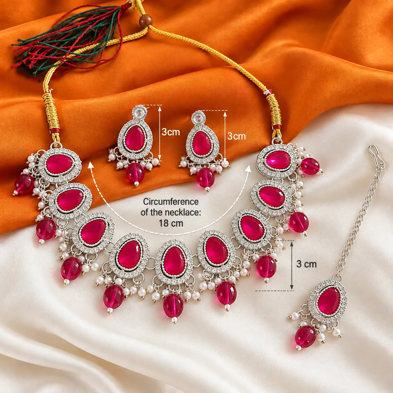 Ruby Pink Stone Necklace Set with Earrings & Maang Tikka - Image 3