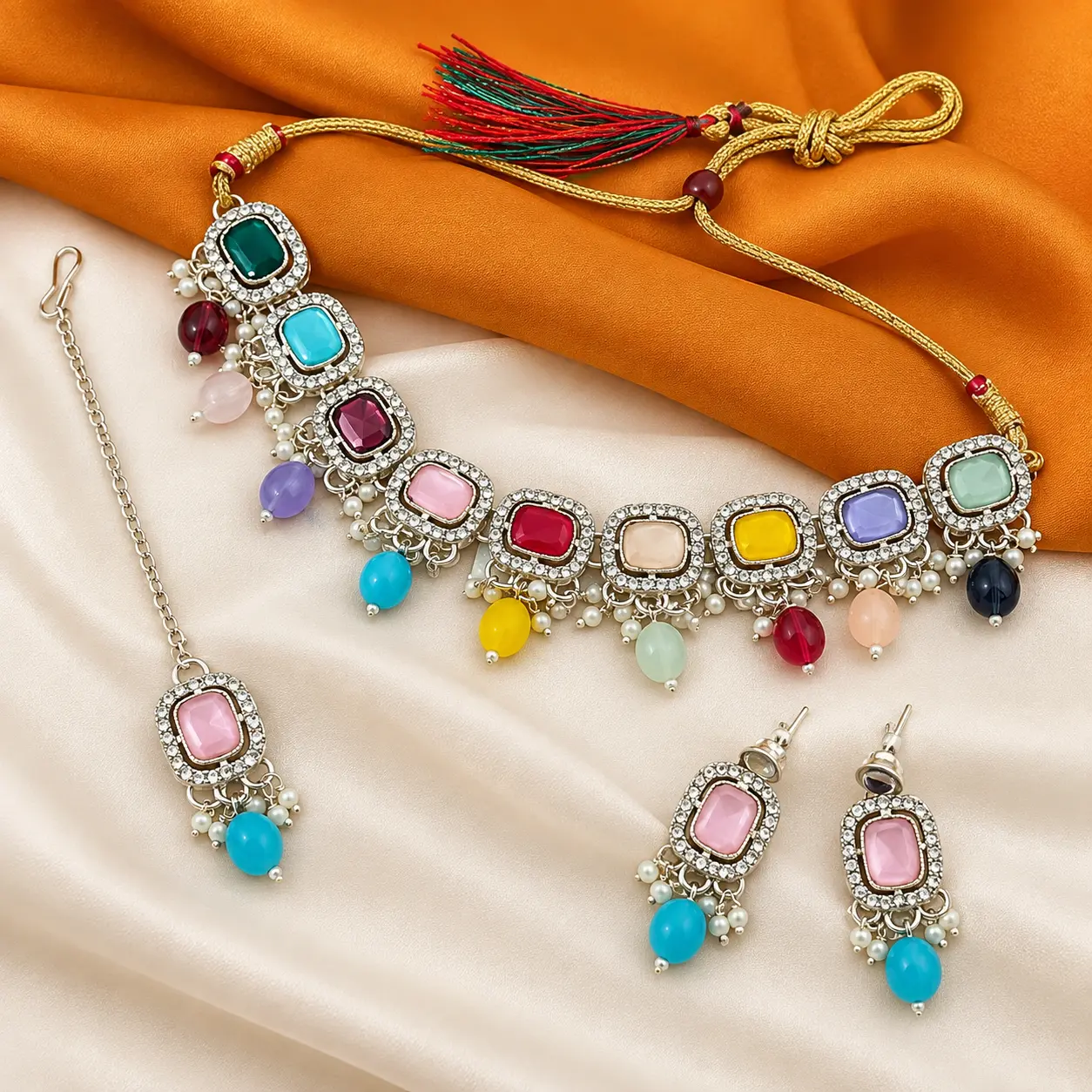 Multicolor Kundan Necklace with Drop Earrings and Maang Tikka