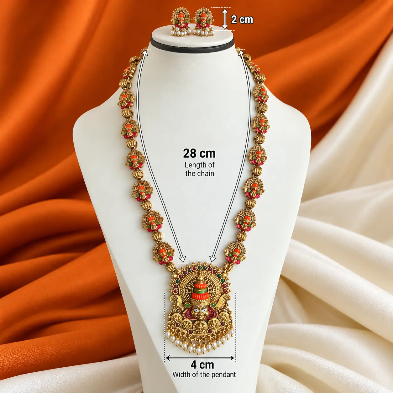 studio_product_photography_with_measurement_annota.png Kathakali Dance Inspired Antique Temple Long Haram Necklace Set – image 3