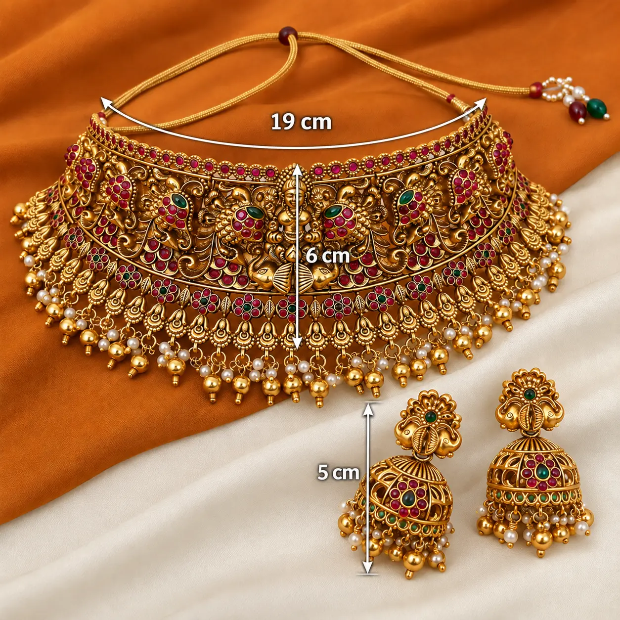 temple_gold_choker_with_jhumka_measurements.png Antique Temple Attigai Choker Set with Jhumka Earrings – image 3