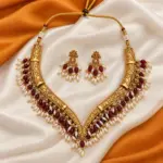 V-Shaped Maroon Rice Bead Necklace & Earring Set