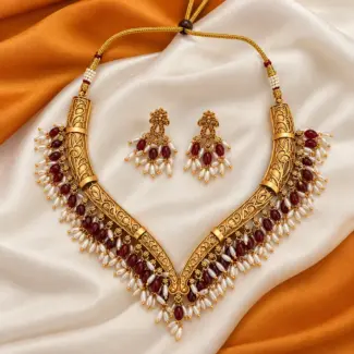 V-Shaped Maroon Rice Bead Necklace & Earring Set