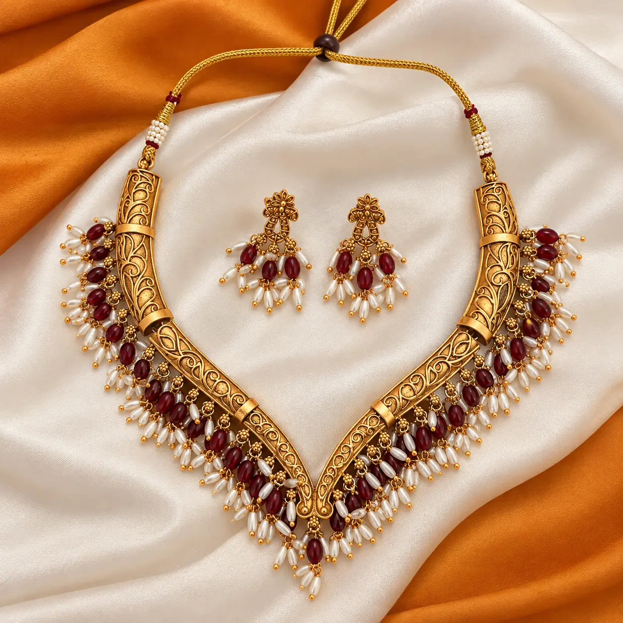 a_high_resolution_well_lit_studio_product_shot_of.png V-Shaped Maroon Rice Bead Necklace & Earring Set