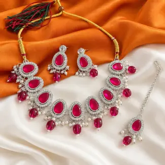 Ruby Pink Stone Necklace Set with Earrings & Maang Tikka