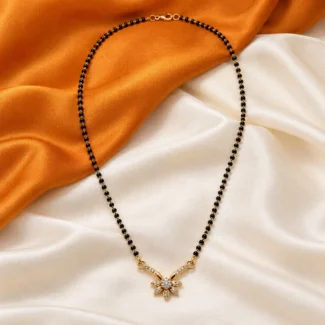 Floral AD Mangalsutra in Yellow Gold with Traditional Black Beaded Chain