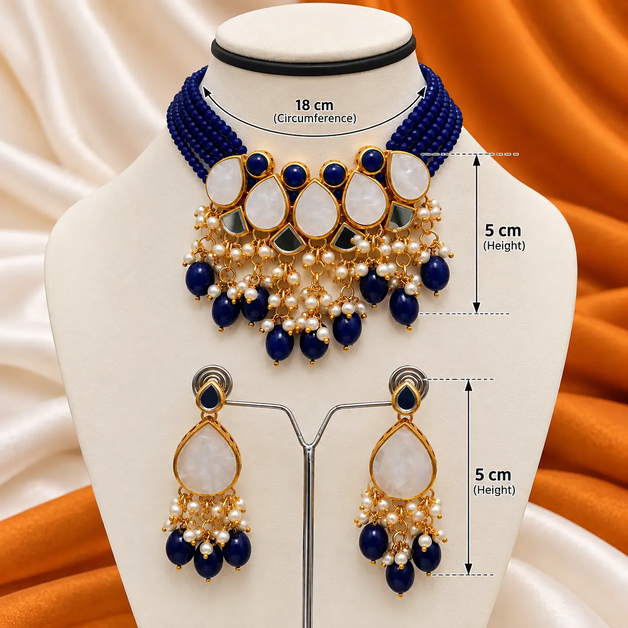 Navy Blue & Ivory Teardrop Beaded Choker Necklace Set - Image 3