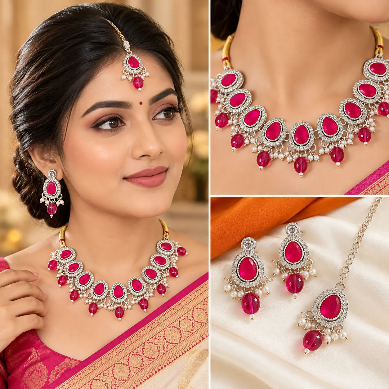Ruby Pink Stone Necklace Set with Earrings & Maang Tikka - Image 2