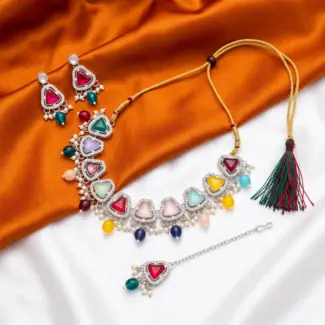 Multicolor Kundan Necklace with Drop Earrings and Maang Tikka